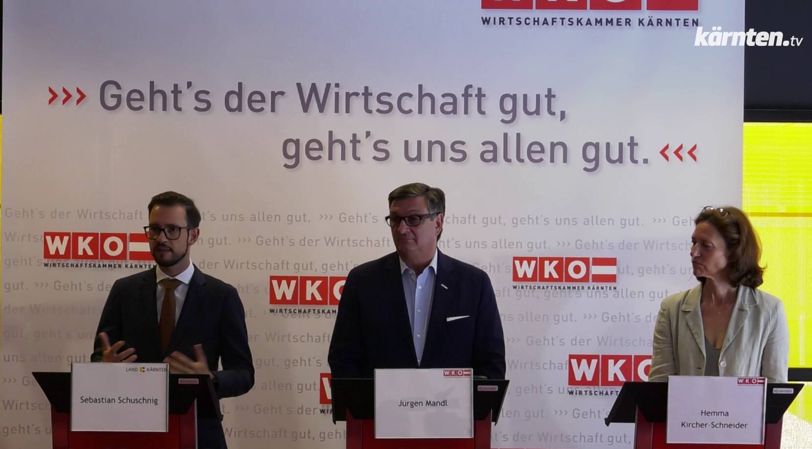 Pressekonferenz zur Exportstatistik 2024 mit Sebastian Schuschnig, Wirtschaftskammer-Präsident Jürgen Mandl und Hemma Kircher-Schneider, Leiterin der Außenwirtschaft WKK.
