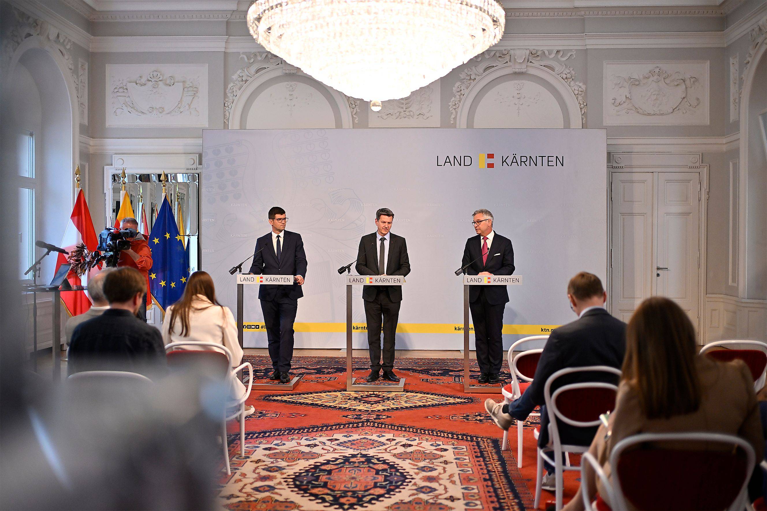 Pressekonferenz mit LHStv. Martin Gruber, LH Daniel Fellner und EU-Kommissar Magnus Brunner.